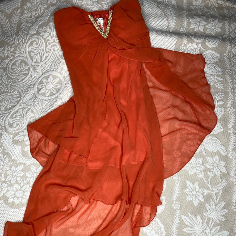 Salmon Chiffon Hi-Low Strapless Bling Dress